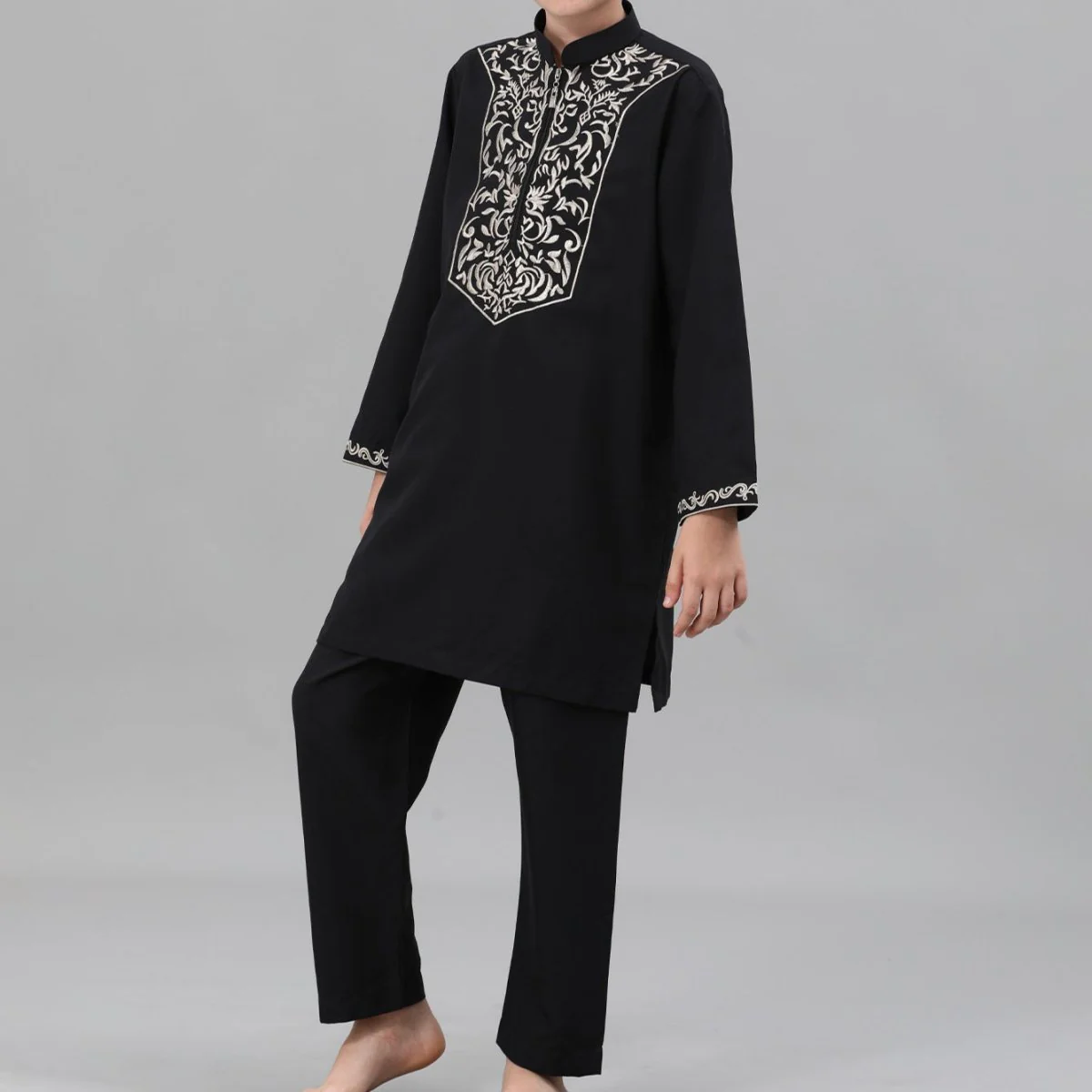 Boys Black Embroidered Tunic & Pants Set (MKB021) - Image 6