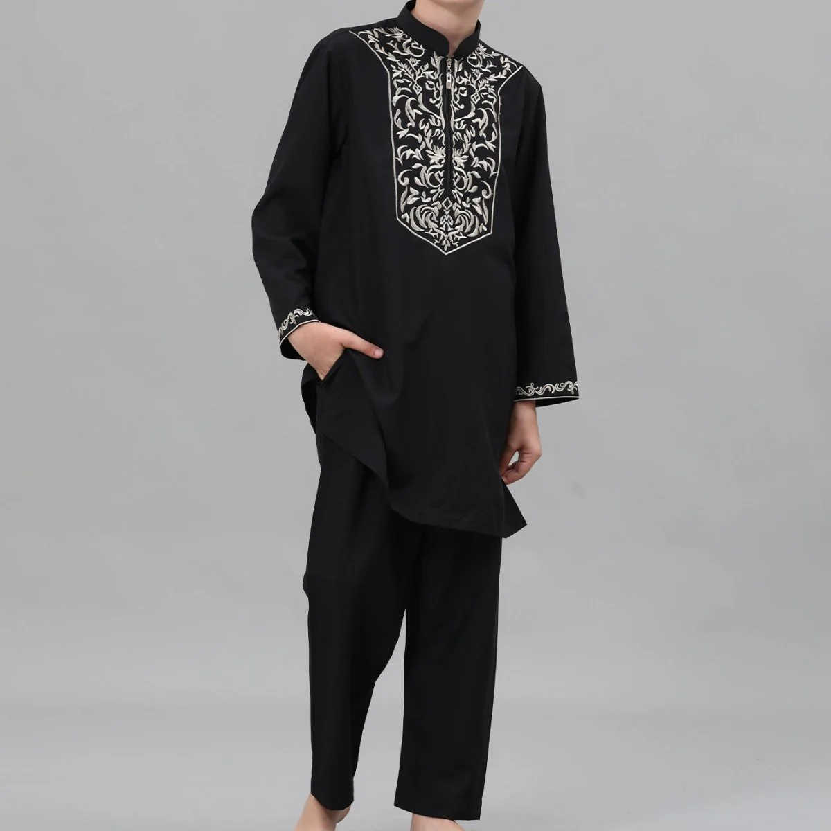 Boys Black Embroidered Tunic & Pants Set (MKB021) - Image 7