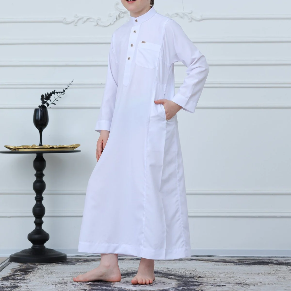 Boys' Classic White Thobe with Stand Collar(MKB027) - Image 2