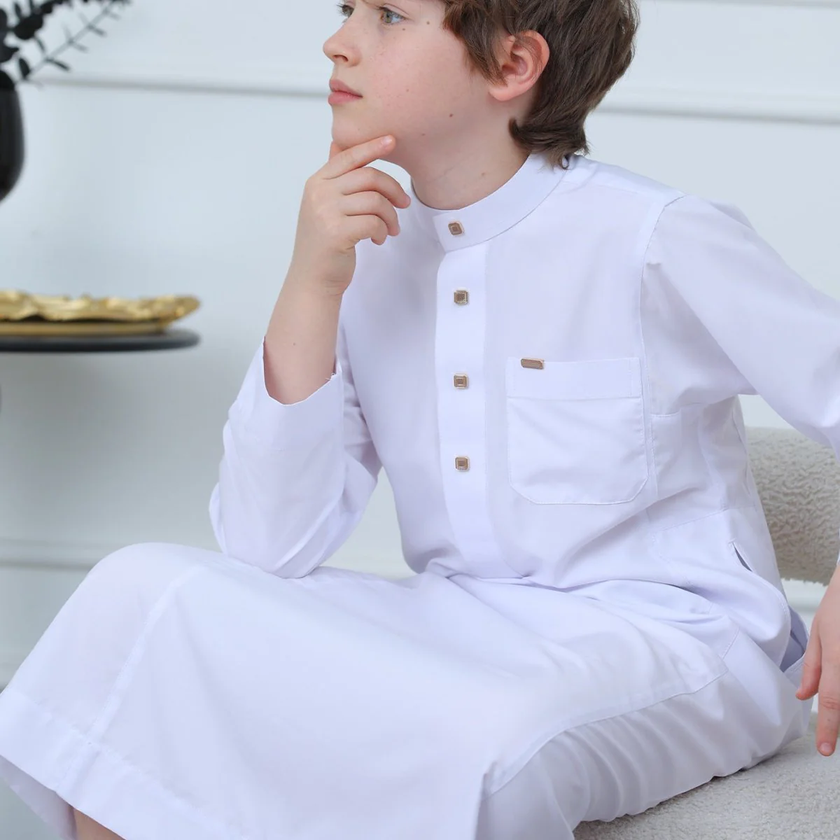 Boys' Classic White Thobe with Stand Collar(MKB027) - Image 7