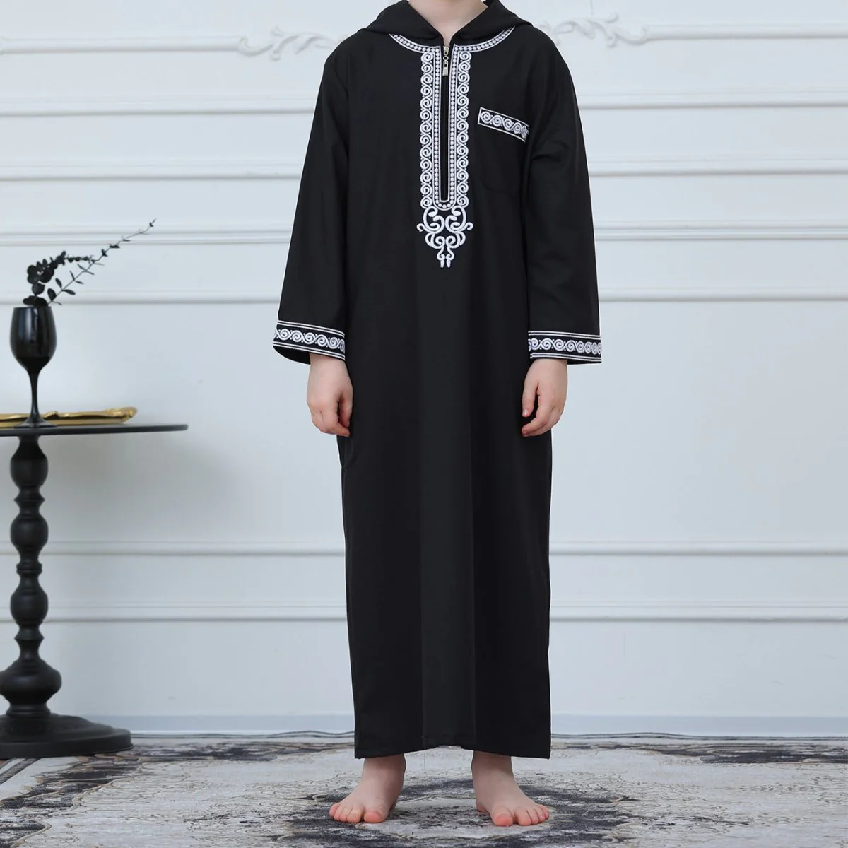 Boys Embroidered Hooded Thobe with Pockets(MKB010) - Image 2