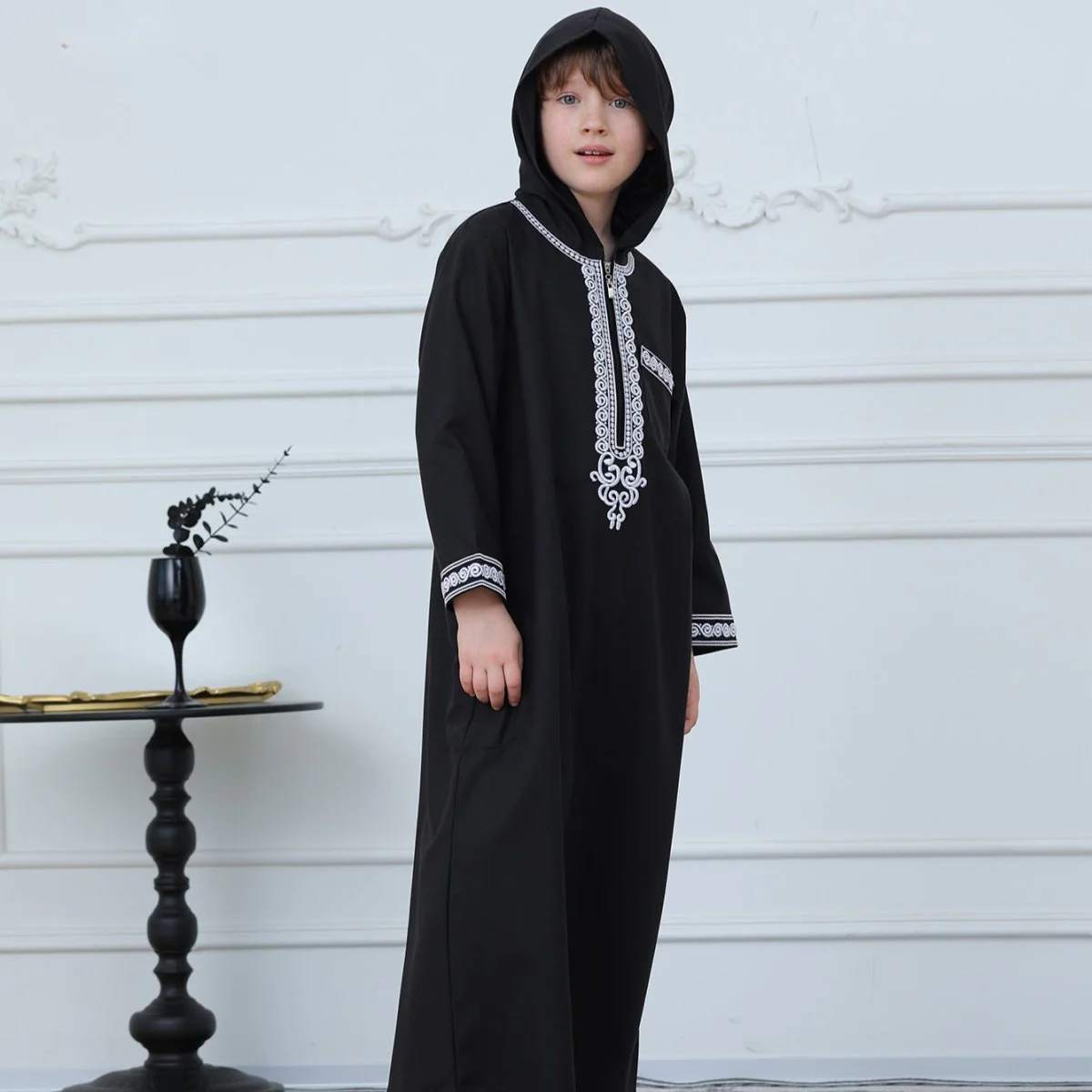 Boys Embroidered Hooded Thobe with Pockets(MKB010) - Image 4