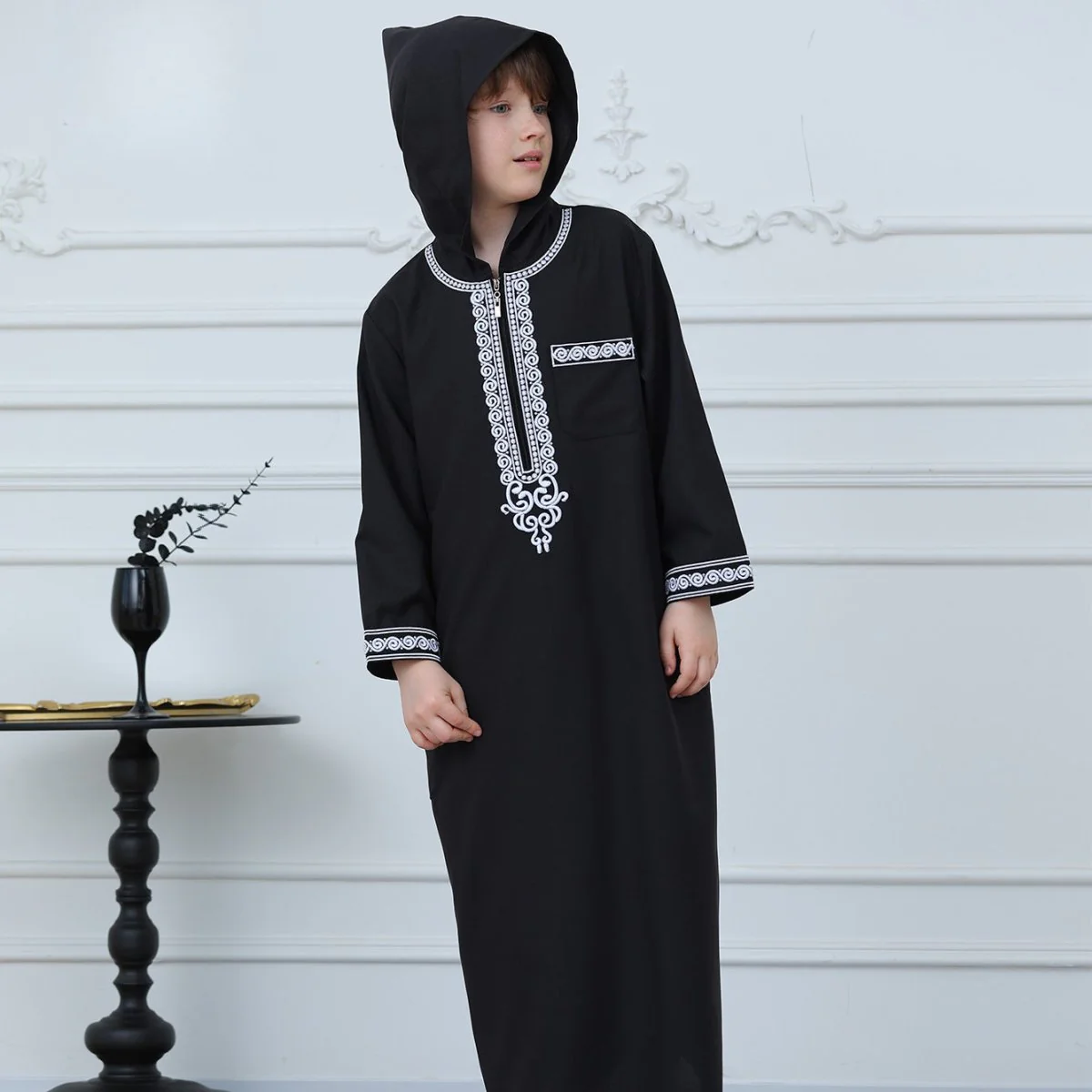 Boys Embroidered Hooded Thobe with Pockets(MKB010) - Image 6