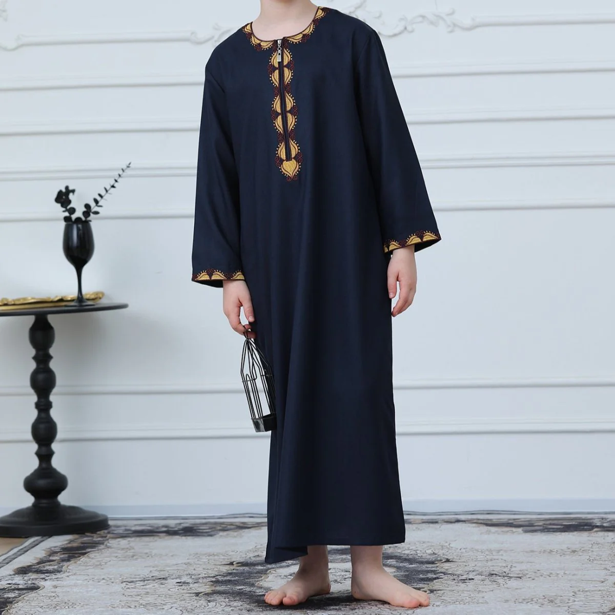 Boys Embroidered Thobe with Gold Trim(MKB017) - Image 4