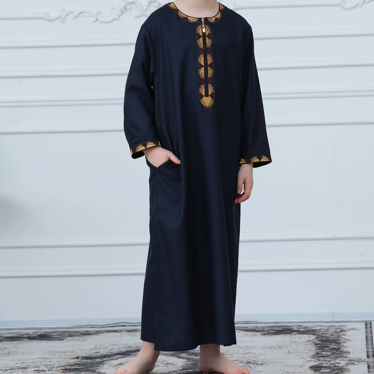 Boys Embroidered Thobe with Gold Trim(MKB017) - Image 7