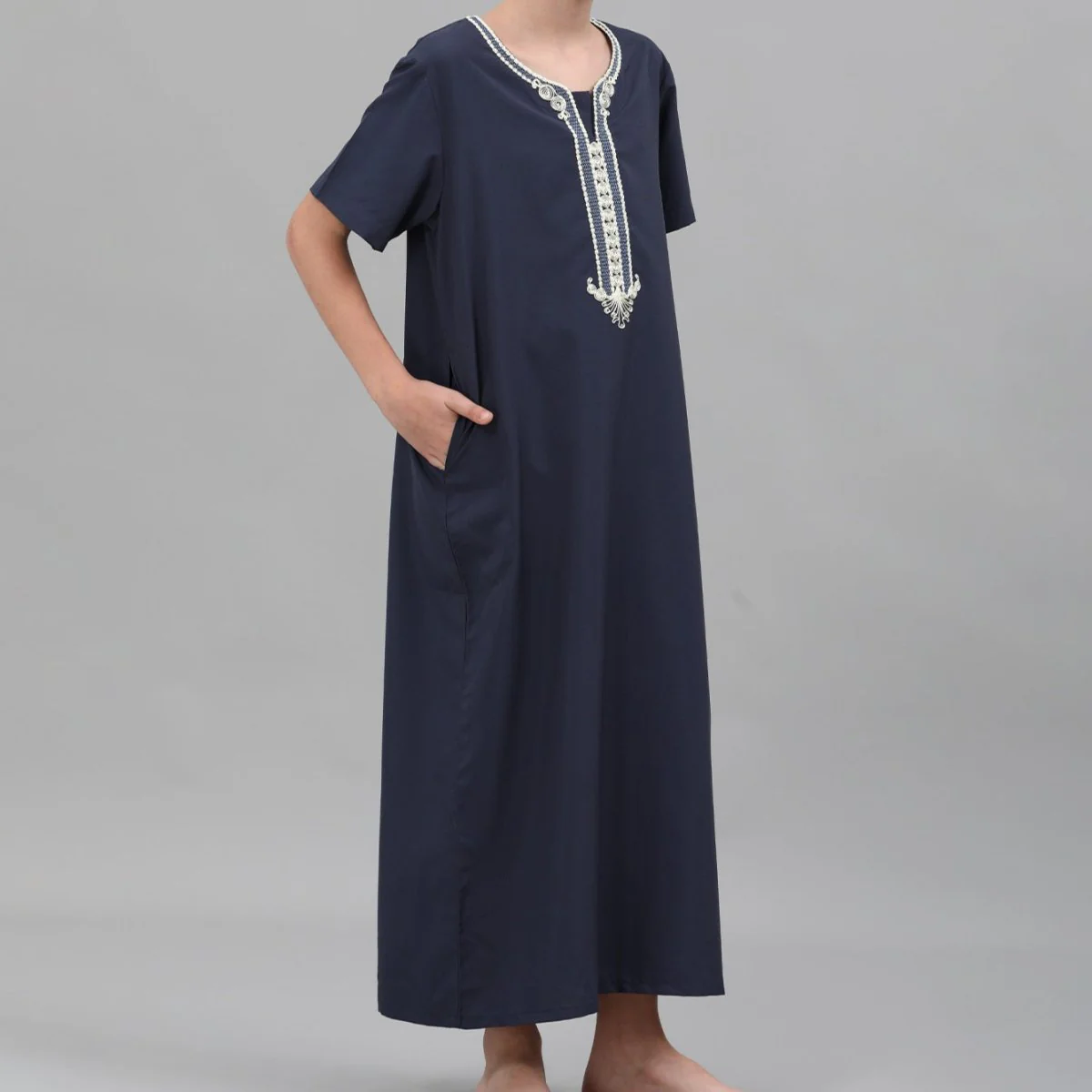 Boys' Embroidered Thobe with Ornate Neckline(MKB036) - Image 5