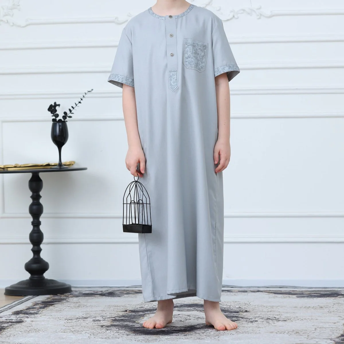 Boys Light Grey Short Sleeve Embroidered Thobe(MKB020) - Image 2