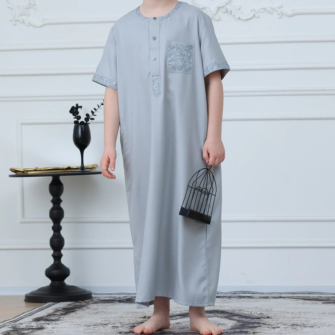 Boys Light Grey Short Sleeve Embroidered Thobe(MKB020) - Image 6