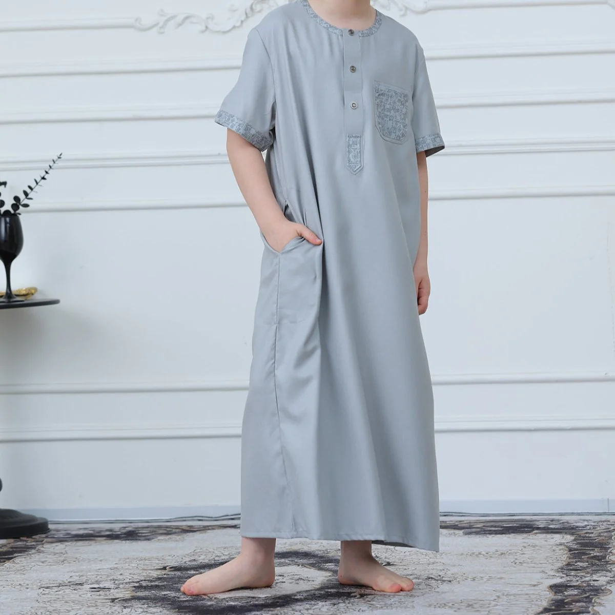 Boys Light Grey Short Sleeve Embroidered Thobe(MKB020) - Image 7