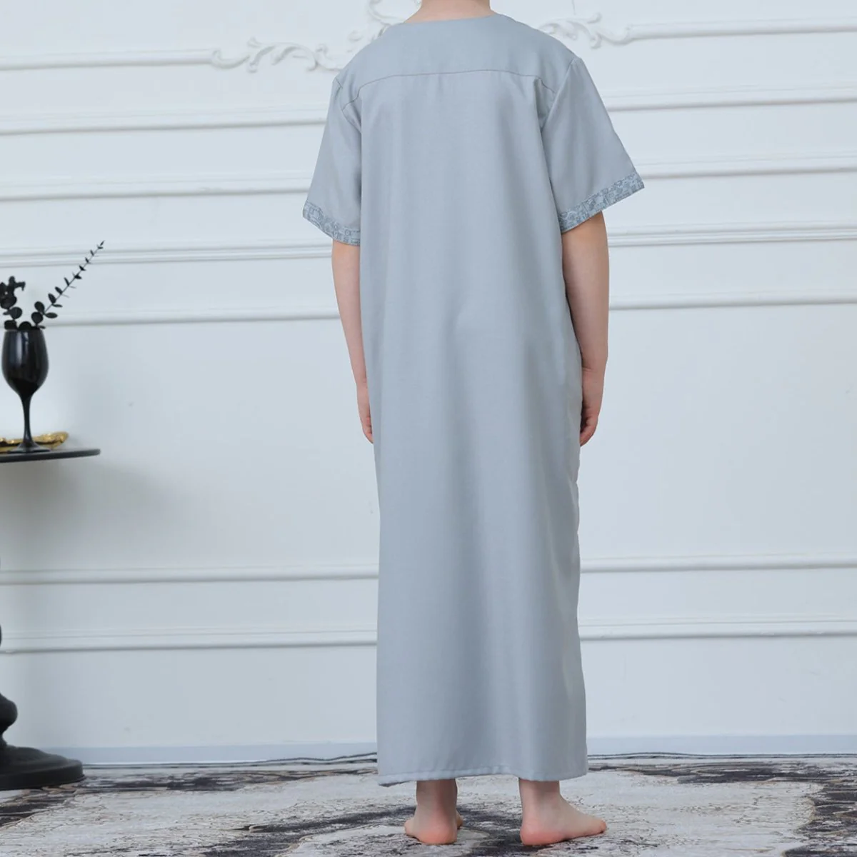 Boys Light Grey Short Sleeve Embroidered Thobe(MKB020) - Image 8