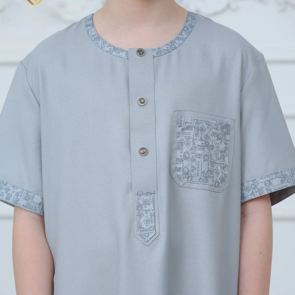 Boys Light Grey Short Sleeve Embroidered Thobe(MKB020) - Image 9