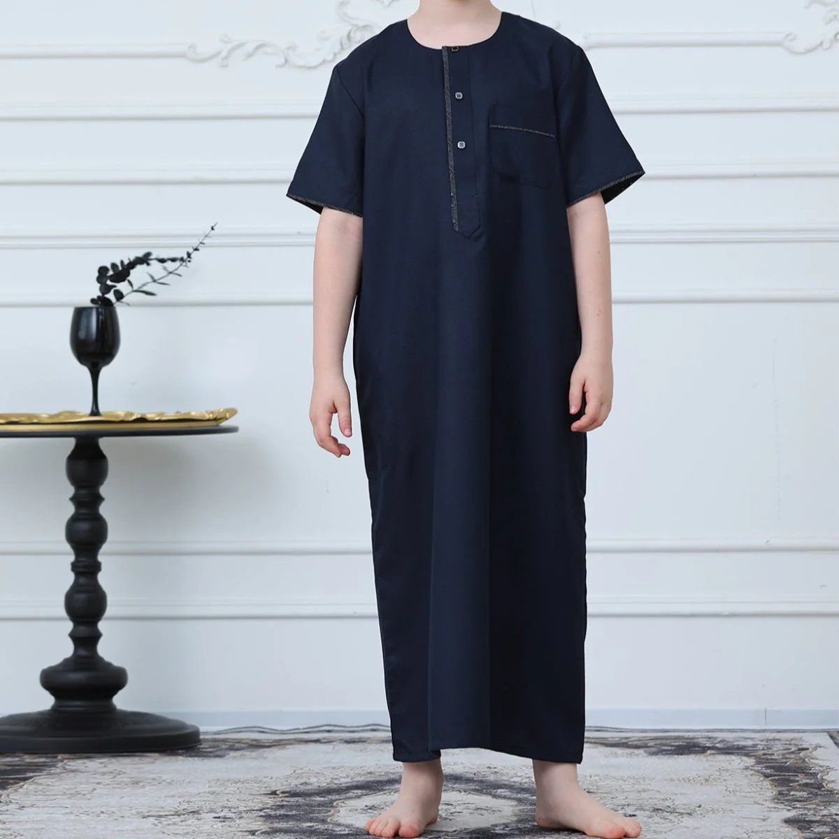 Boys Navy Short Sleeve Thobe with Chest Pocket (MKB022) - Image 2