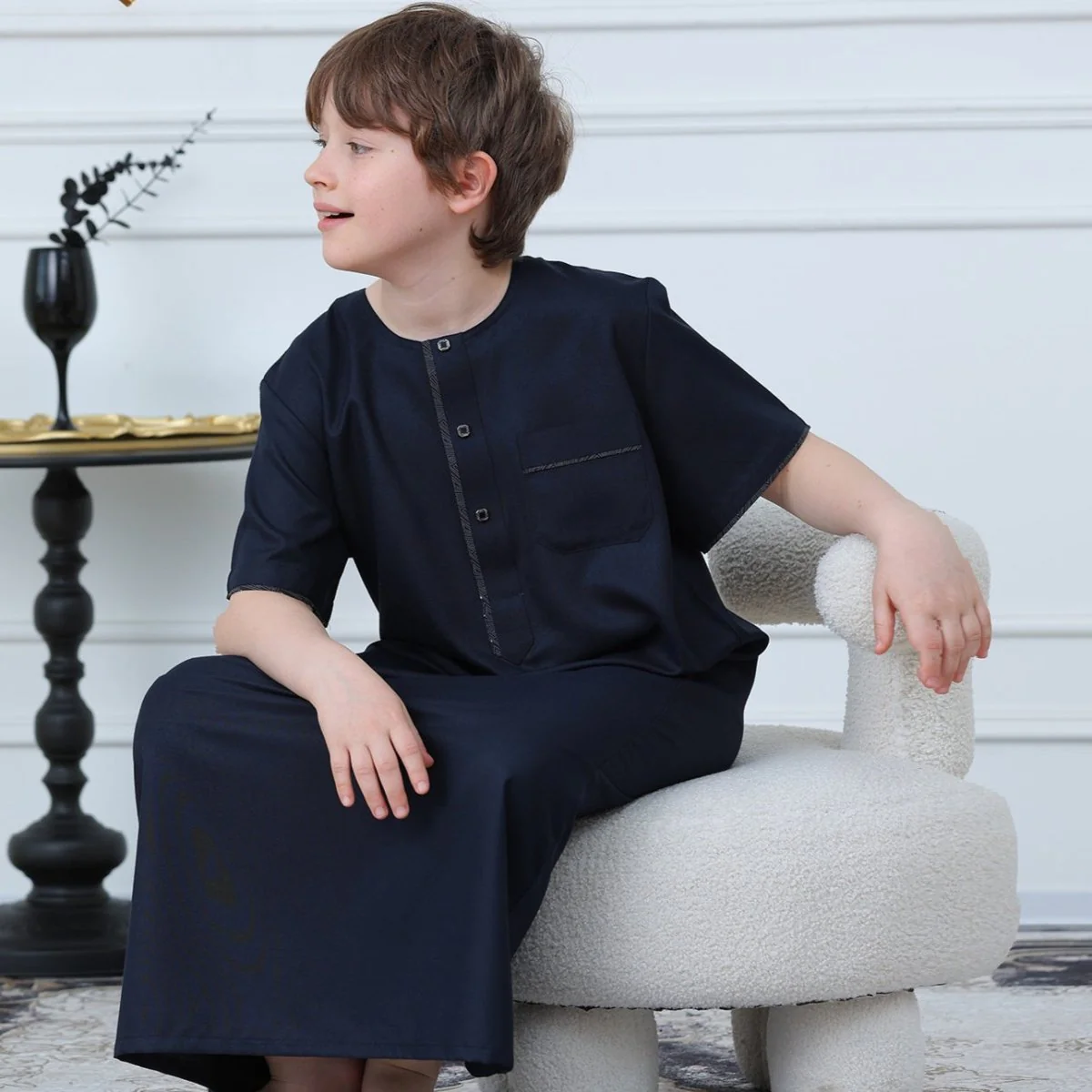 Boys Navy Short Sleeve Thobe with Chest Pocket (MKB022) - Image 4