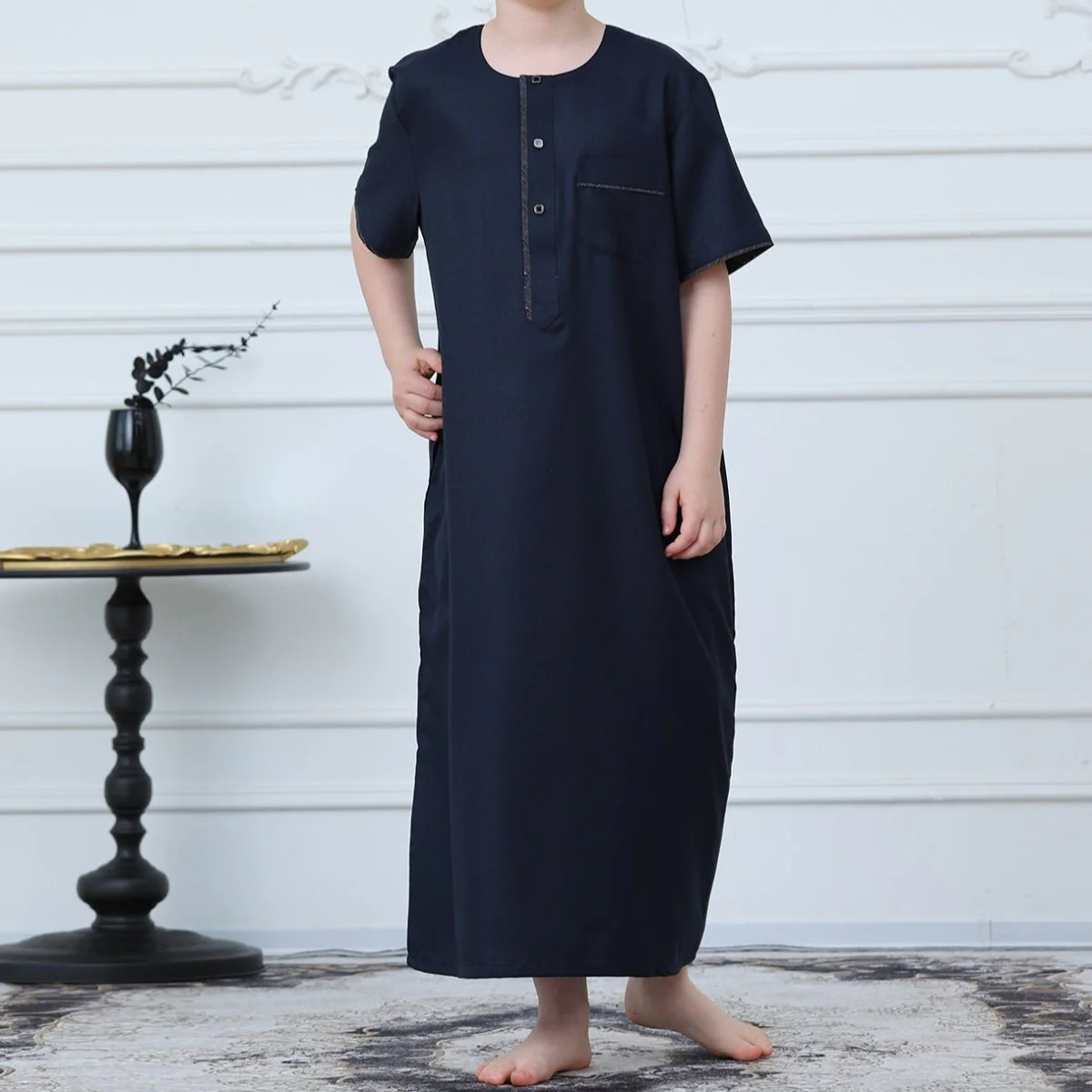 Boys Navy Short Sleeve Thobe with Chest Pocket (MKB022) - Image 6