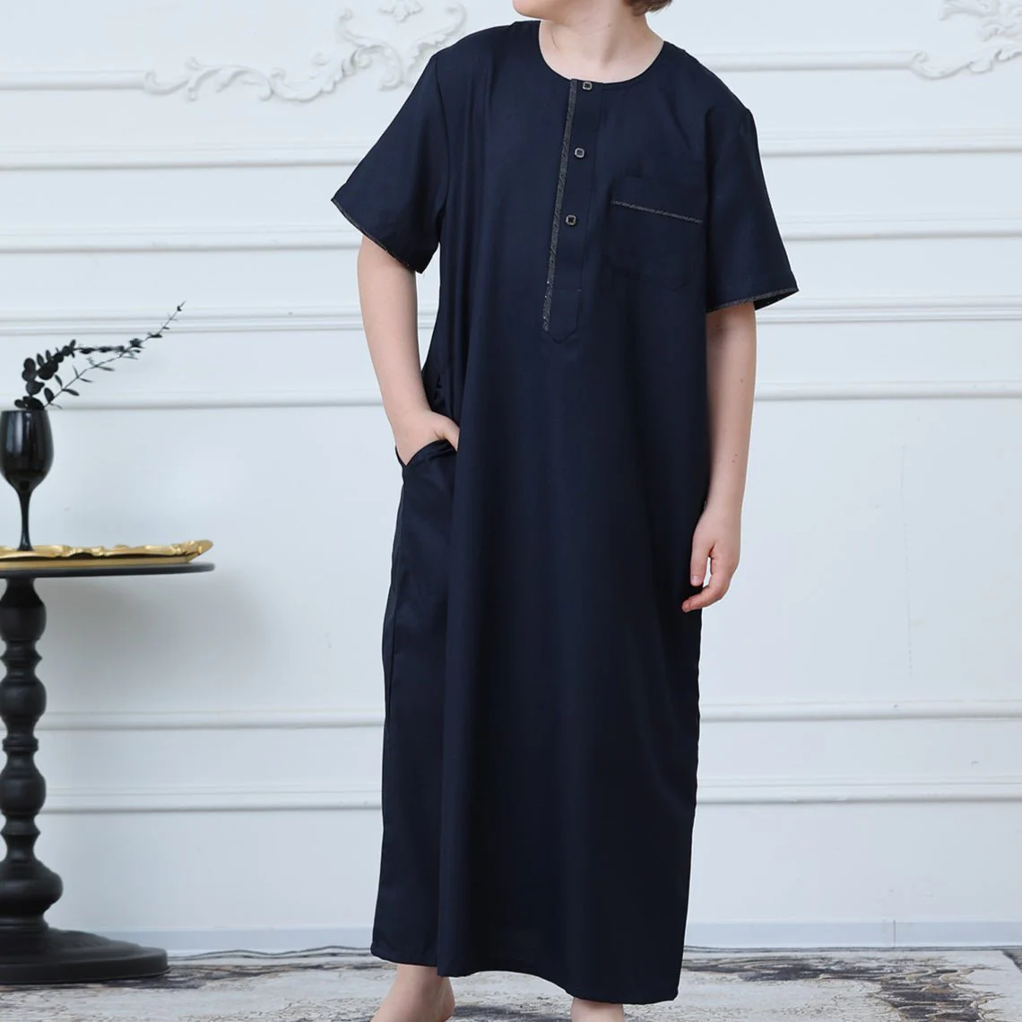 Boys Navy Short Sleeve Thobe with Chest Pocket (MKB022) - Image 7