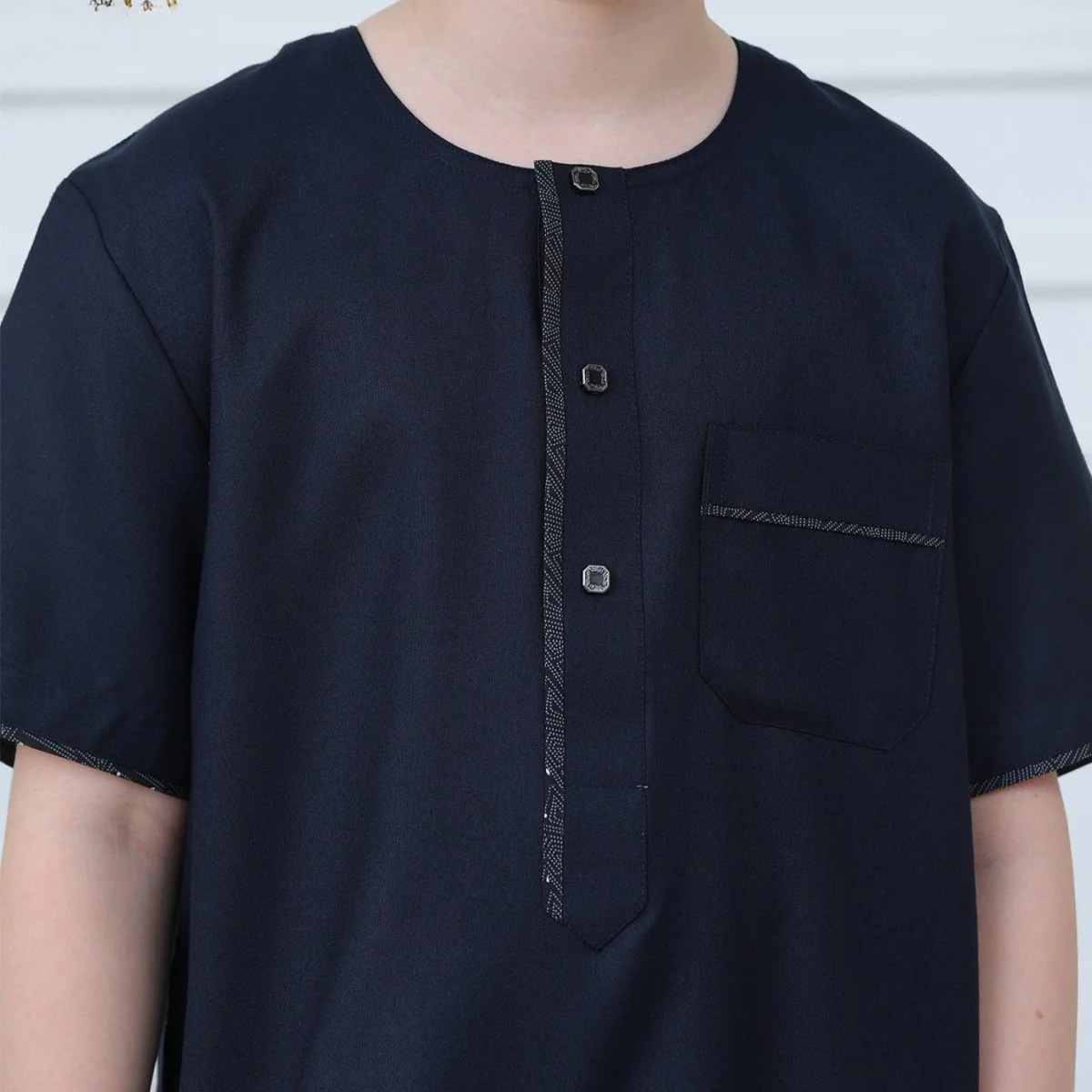 Boys Navy Short Sleeve Thobe with Chest Pocket (MKB022) - Image 8