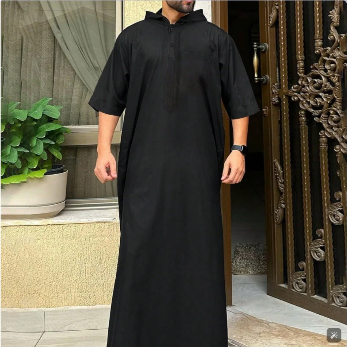 Breathable 3D Digital Print Striped Thobe Men's Loose Fit Short Sleeve Muslim Robe with V-Neck (MT033) - Image 11
