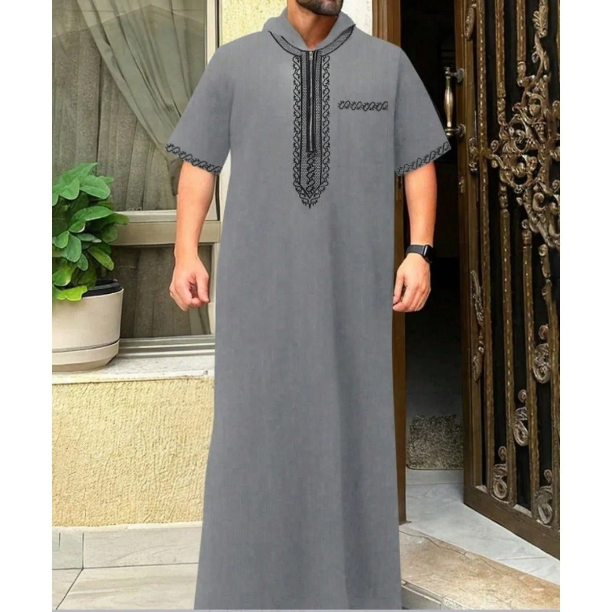 Breathable 3D Digital Print Striped Thobe Men's Loose Fit Short Sleeve Muslim Robe with V-Neck (MT033) - Image 13