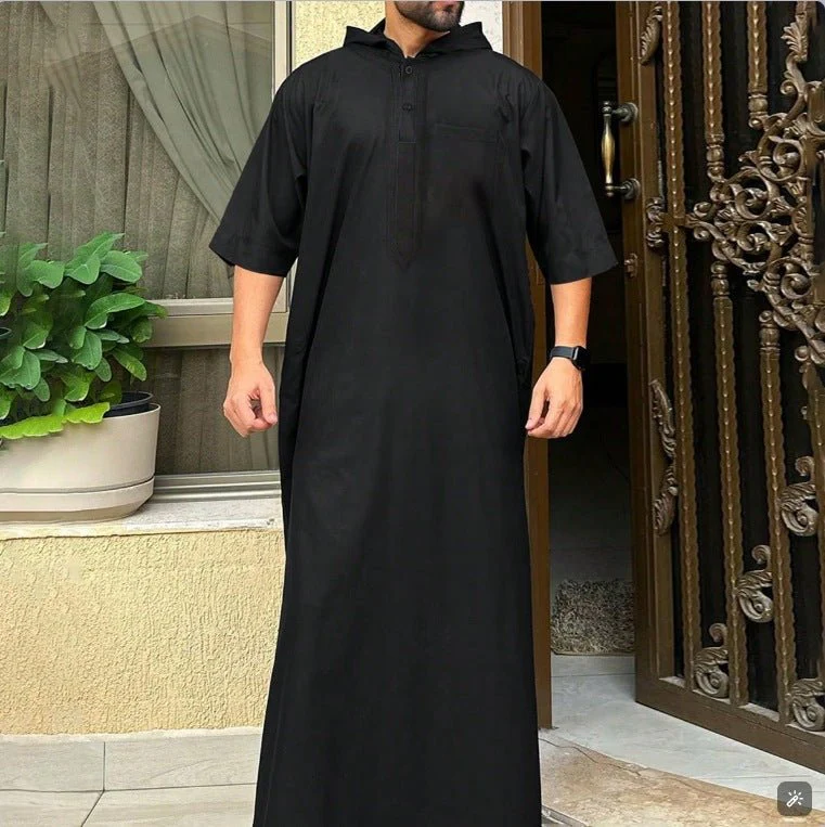 Breathable 3D Digital Print Striped Thobe Men's Loose Fit Short Sleeve Muslim Robe with V-Neck (MT033) - Image 15