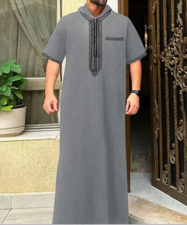 Breathable 3D Digital Print Striped Thobe Men's Loose Fit Short Sleeve Muslim Robe with V-Neck (MT033) - Image 17