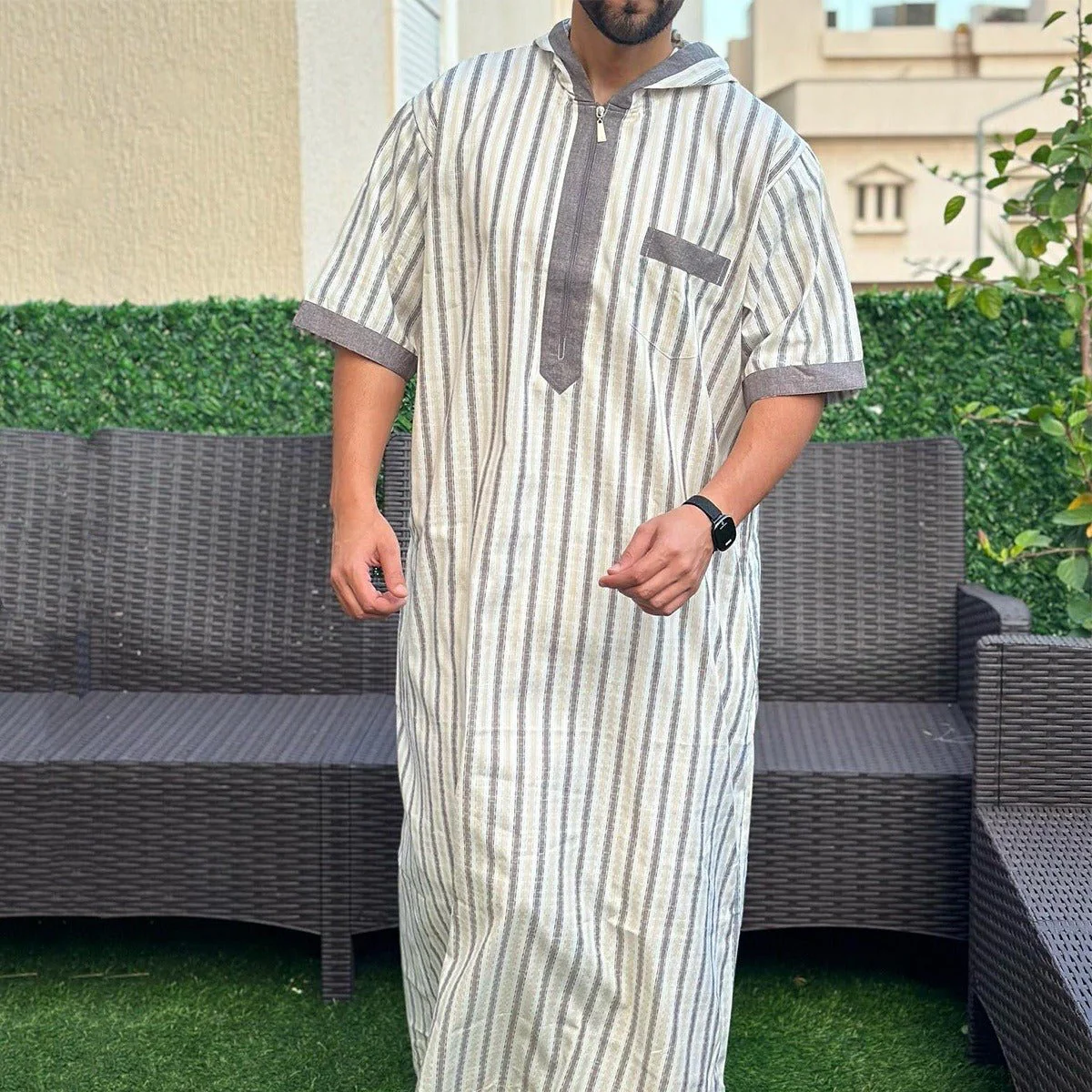 Breathable 3D Digital Print Striped Thobe Men's Loose Fit Short Sleeve Muslim Robe with V-Neck (MT033) - Image 3