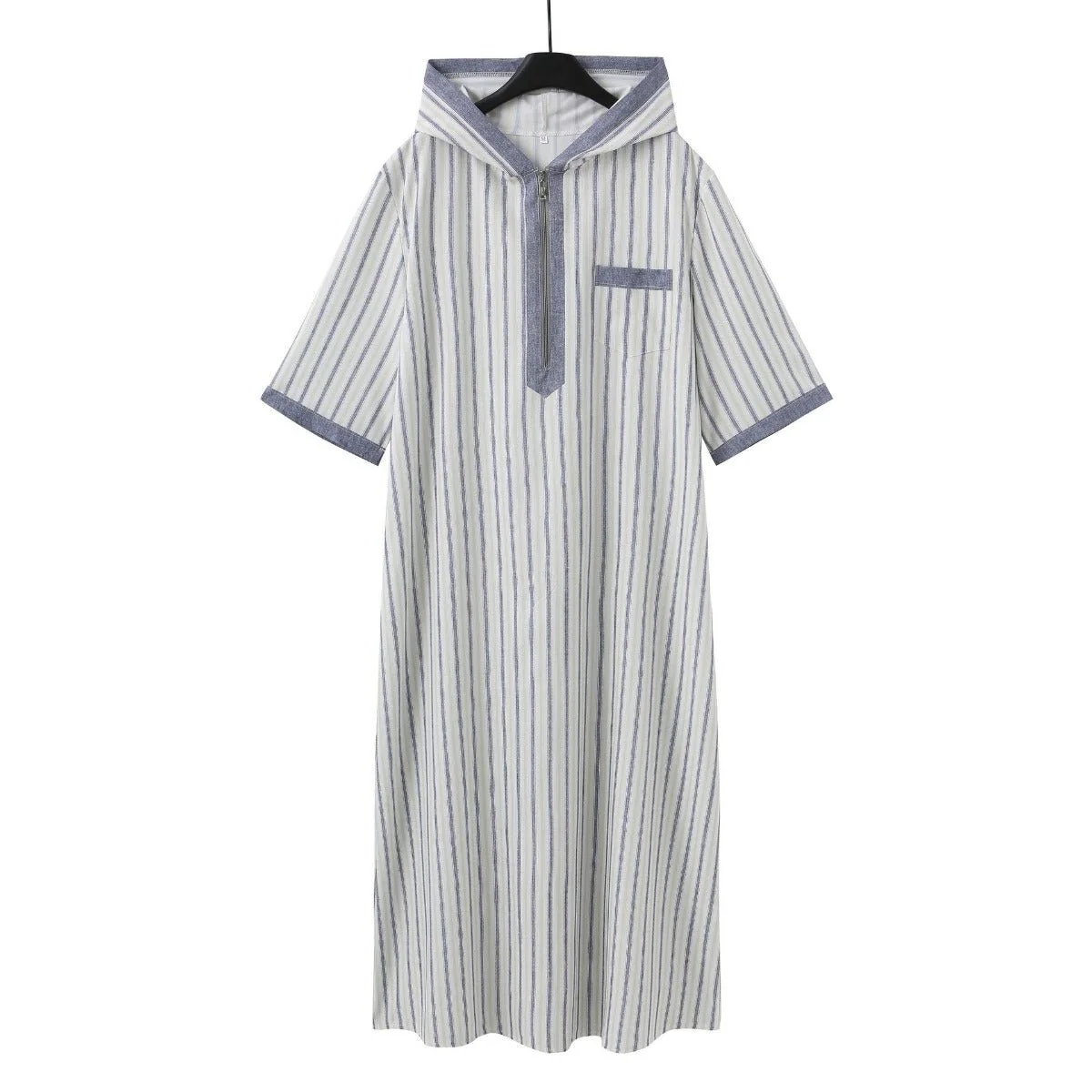 Breathable 3D Digital Print Striped Thobe Men's Loose Fit Short Sleeve Muslim Robe with V-Neck (MT033) - Image 4
