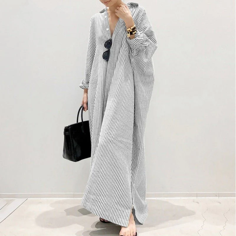 Breathable Stripe Print Loose Fit V-Neck Batwing Sleeve Abaya Dress Maxi Dress with Side Pockets (MA232) - Image 3