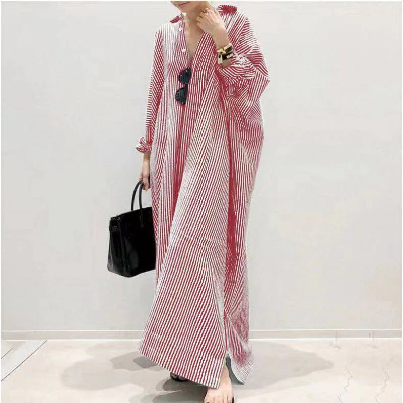 Breathable Stripe Print Loose Fit V-Neck Batwing Sleeve Abaya Dress Maxi Dress with Side Pockets (MA232) - Image 4