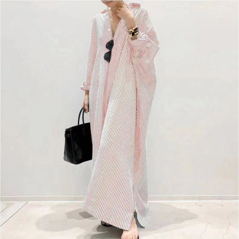 Breathable Stripe Print Loose Fit V-Neck Batwing Sleeve Abaya Dress Maxi Dress with Side Pockets (MA232) - Image 5