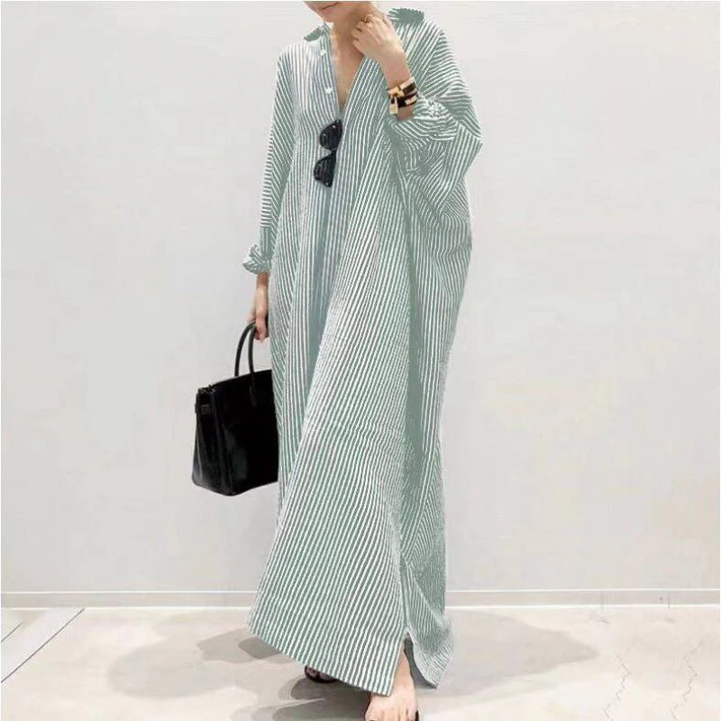 Breathable Stripe Print Loose Fit V-Neck Batwing Sleeve Abaya Dress Maxi Dress with Side Pockets (MA232) - Image 6