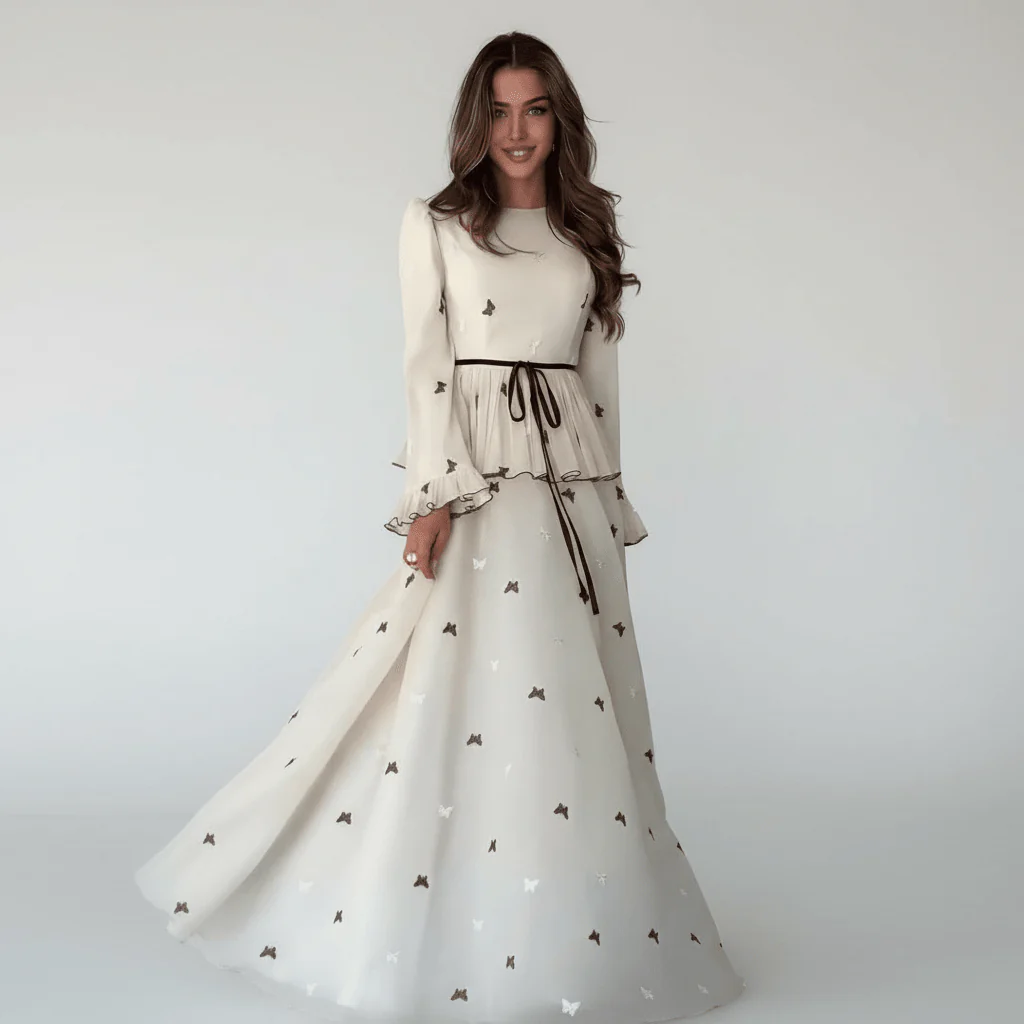 Butterfly Embroidered Maxi Dress | Long Sleeve Peplum Waist Dress(MS274)