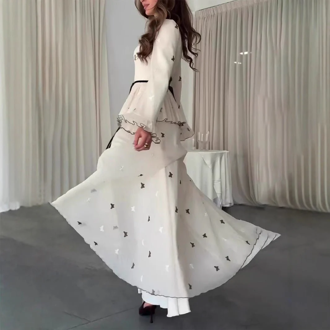 Butterfly Embroidered Maxi Dress | Long Sleeve Peplum Waist Dress(MS274) - Image 3