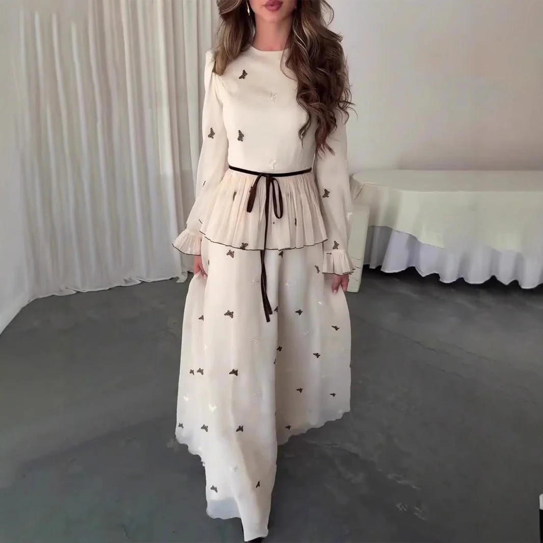 Butterfly Embroidered Maxi Dress | Long Sleeve Peplum Waist Dress(MS274) - Image 5