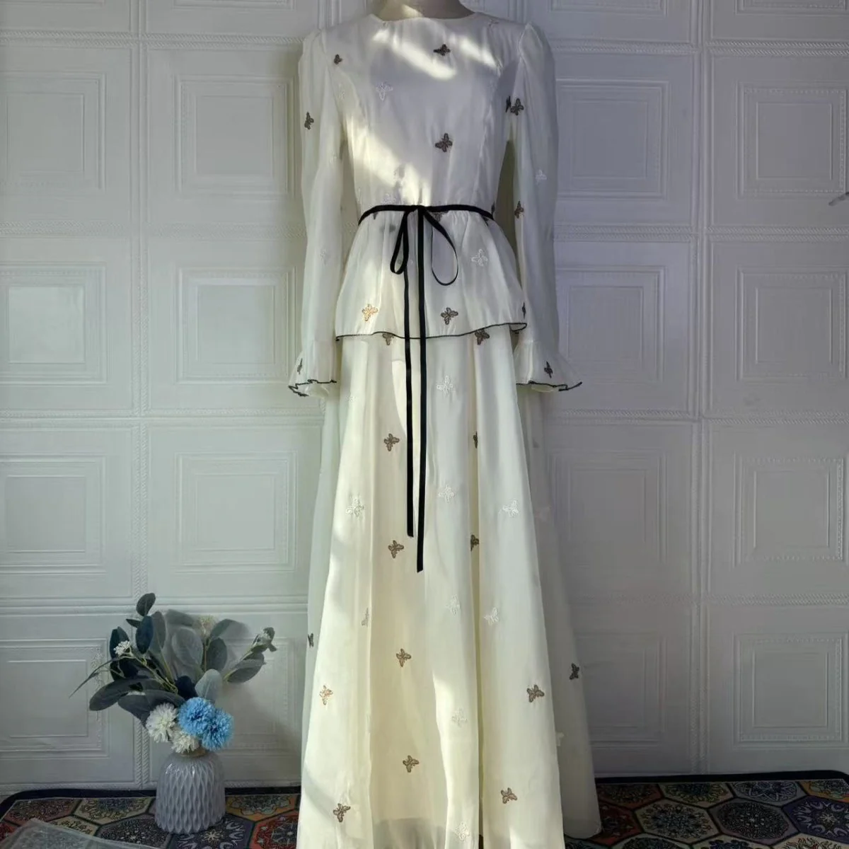 Butterfly Embroidered Maxi Dress | Long Sleeve Peplum Waist Dress(MS274) - Image 7
