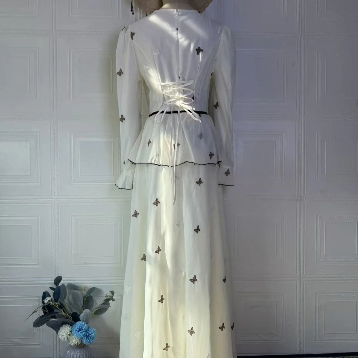 Butterfly Embroidered Maxi Dress | Long Sleeve Peplum Waist Dress(MS274) - Image 8