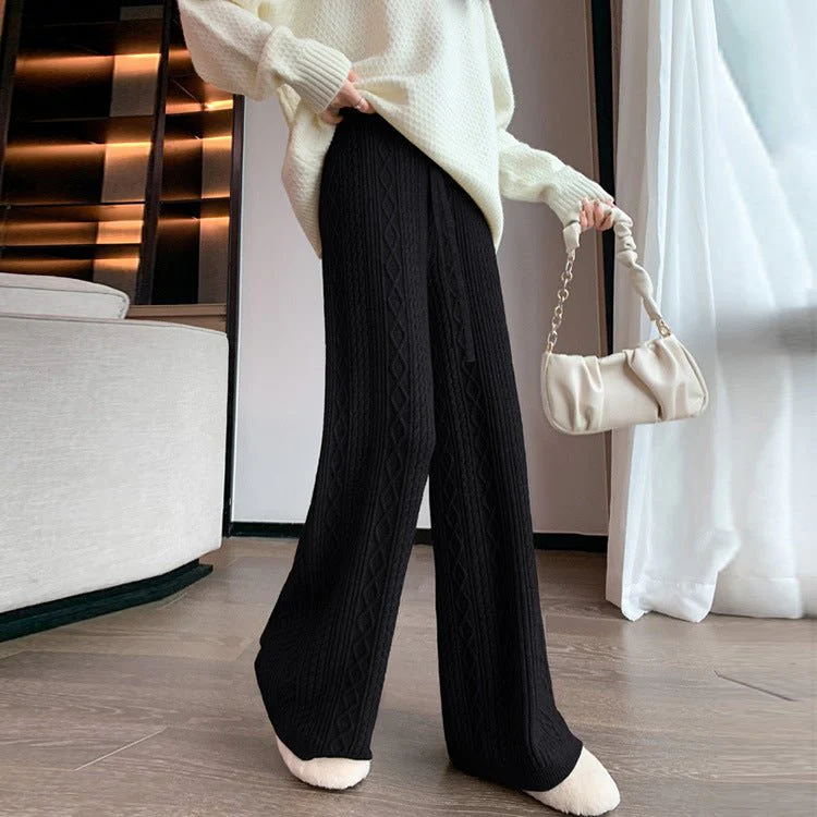Cable Knit Wide Leg Pants | High Waist Drawstring Lounge Pants(MS183) - Image 4