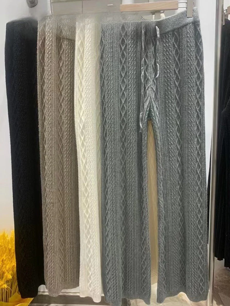 Cable Knit Wide Leg Pants | High Waist Drawstring Lounge Pants(MS183) - Image 5
