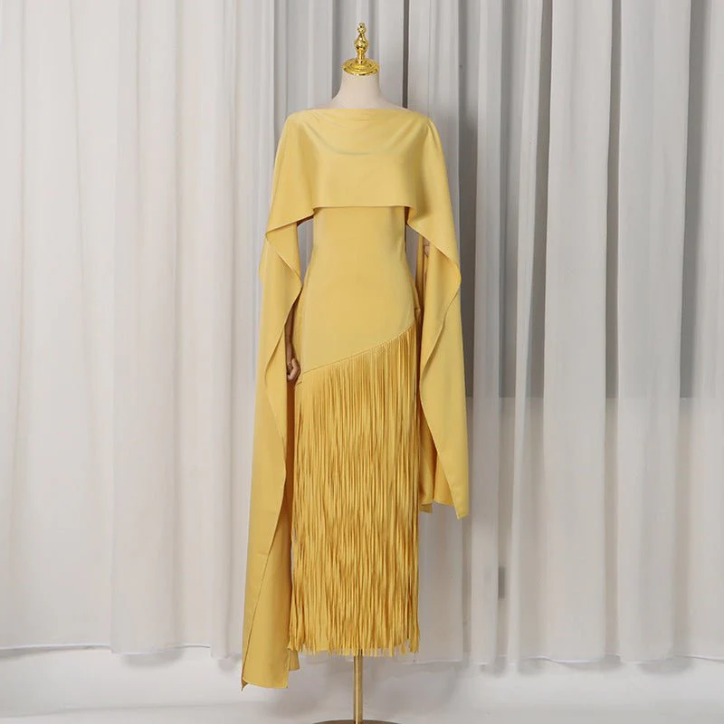 Cape Overlay Dress with Fringe Hem(MS363) - Image 4