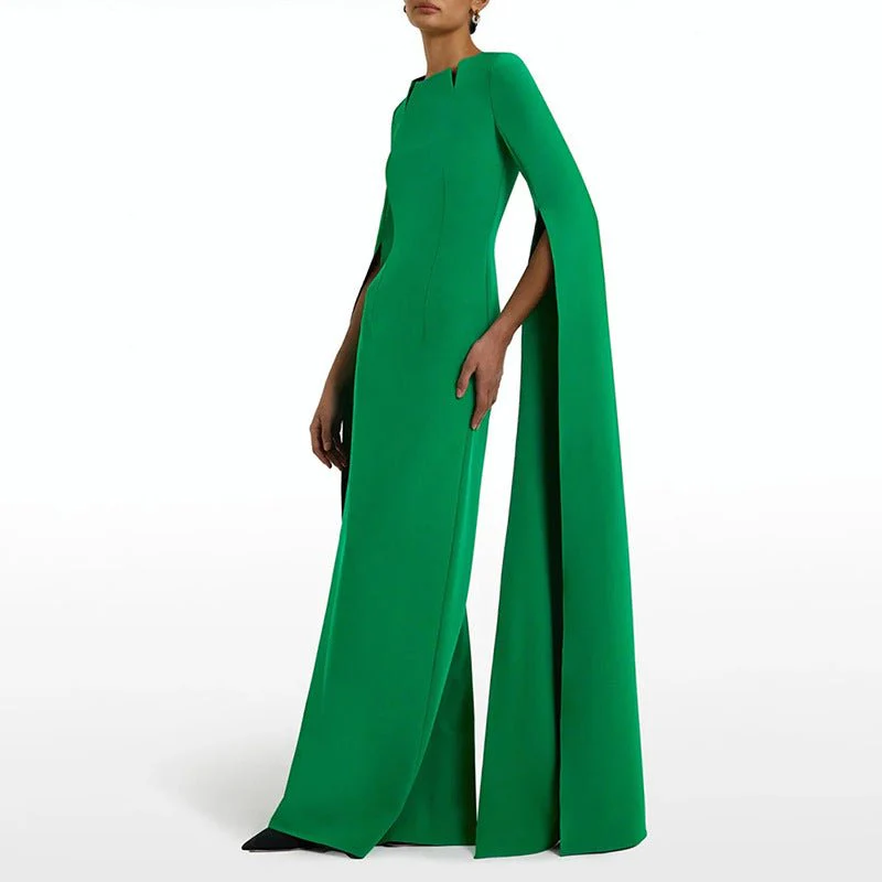 Cape Sleeve Evening Gown | Scalloped Neck Fitted Maxi Dress with Back Slit(MS217)