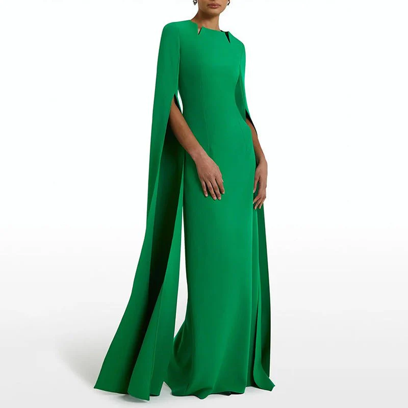 Cape Sleeve Evening Gown | Scalloped Neck Fitted Maxi Dress with Back Slit(MS217) - Image 2