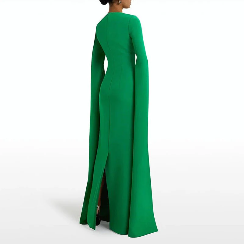 Cape Sleeve Evening Gown | Scalloped Neck Fitted Maxi Dress with Back Slit(MS217) - Image 3