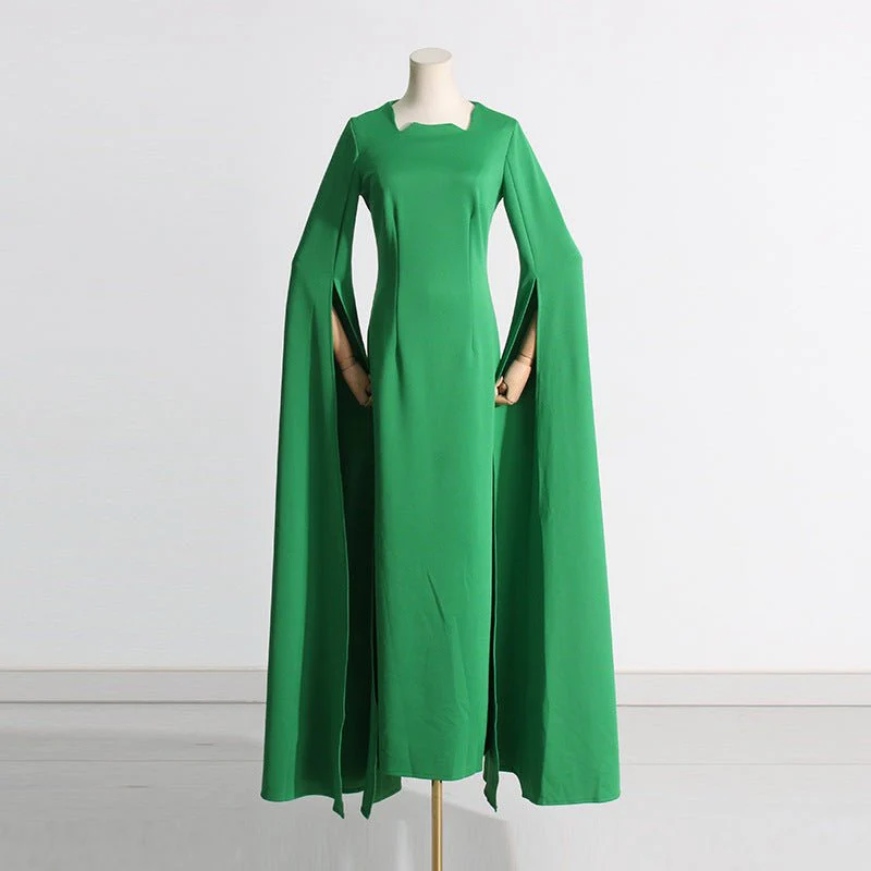 Cape Sleeve Evening Gown | Scalloped Neck Fitted Maxi Dress with Back Slit(MS217) - Image 4