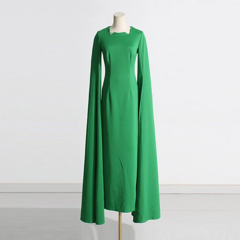 Cape Sleeve Evening Gown | Scalloped Neck Fitted Maxi Dress with Back Slit(MS217) - Image 5