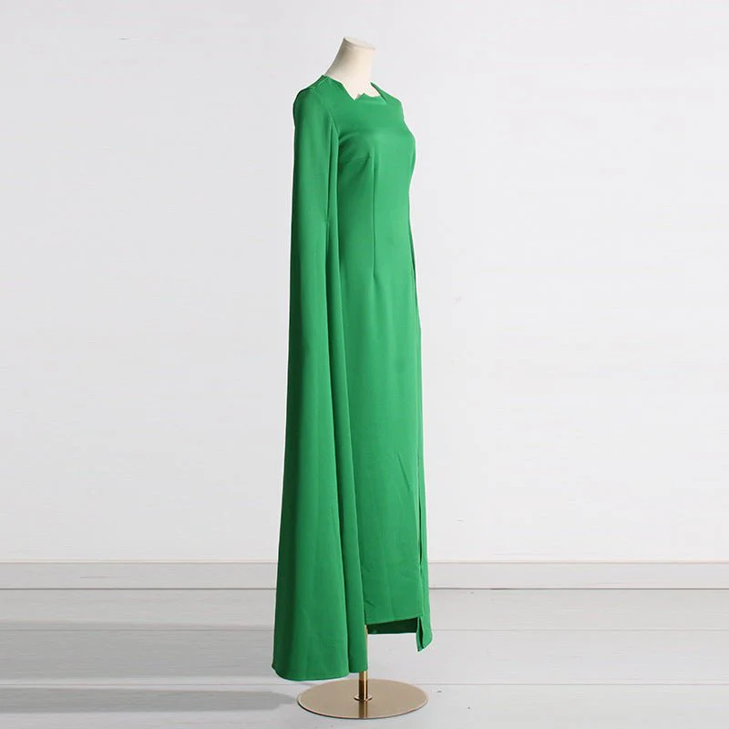 Cape Sleeve Evening Gown | Scalloped Neck Fitted Maxi Dress with Back Slit(MS217) - Image 6