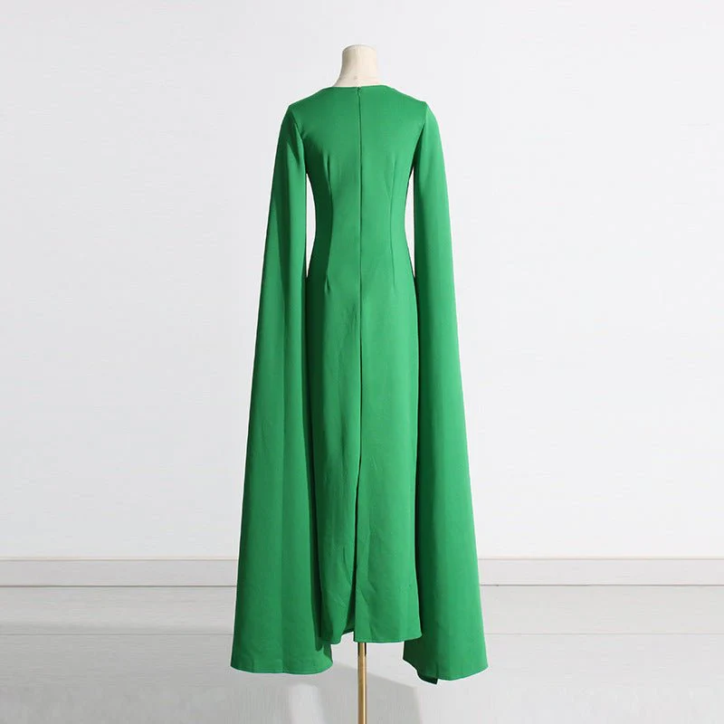 Cape Sleeve Evening Gown | Scalloped Neck Fitted Maxi Dress with Back Slit(MS217) - Image 7