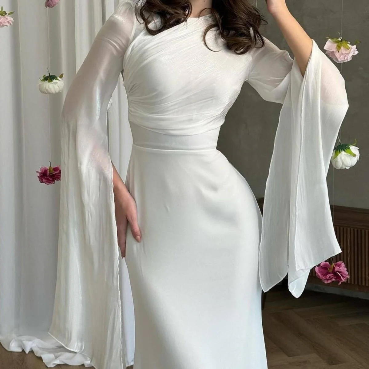 Cape Sleeve Gown with Tie-Back | Fitted Mermaid Maxi Dress(MS230) - Image 11