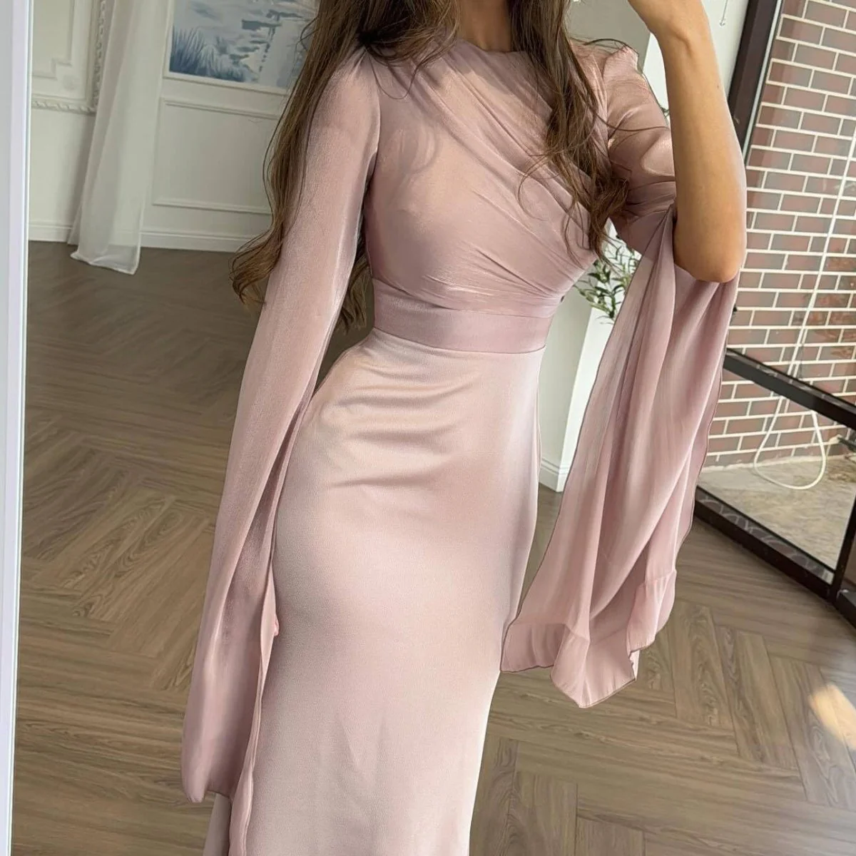 Cape Sleeve Gown with Tie-Back | Fitted Mermaid Maxi Dress(MS230) - Image 14