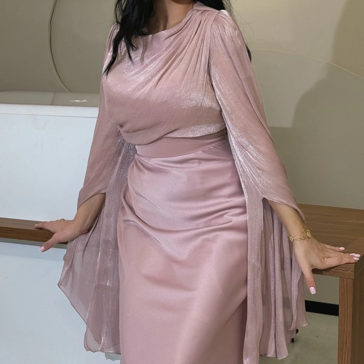 Cape Sleeve Gown with Tie-Back | Fitted Mermaid Maxi Dress(MS230) - Image 15