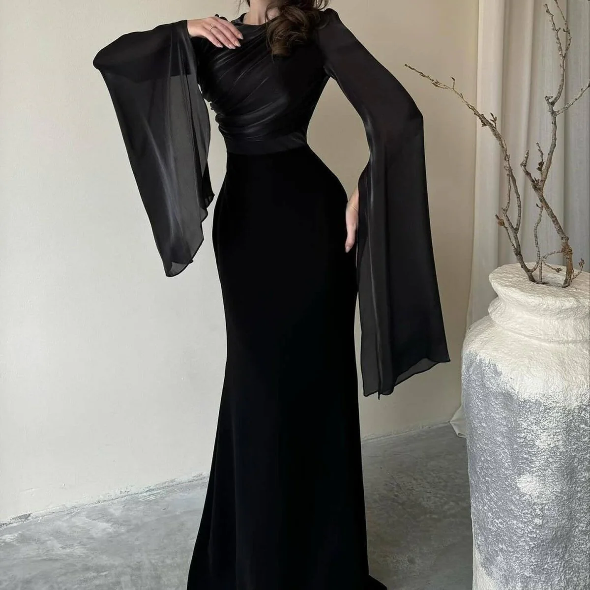 Cape Sleeve Gown with Tie-Back | Fitted Mermaid Maxi Dress(MS230) - Image 16