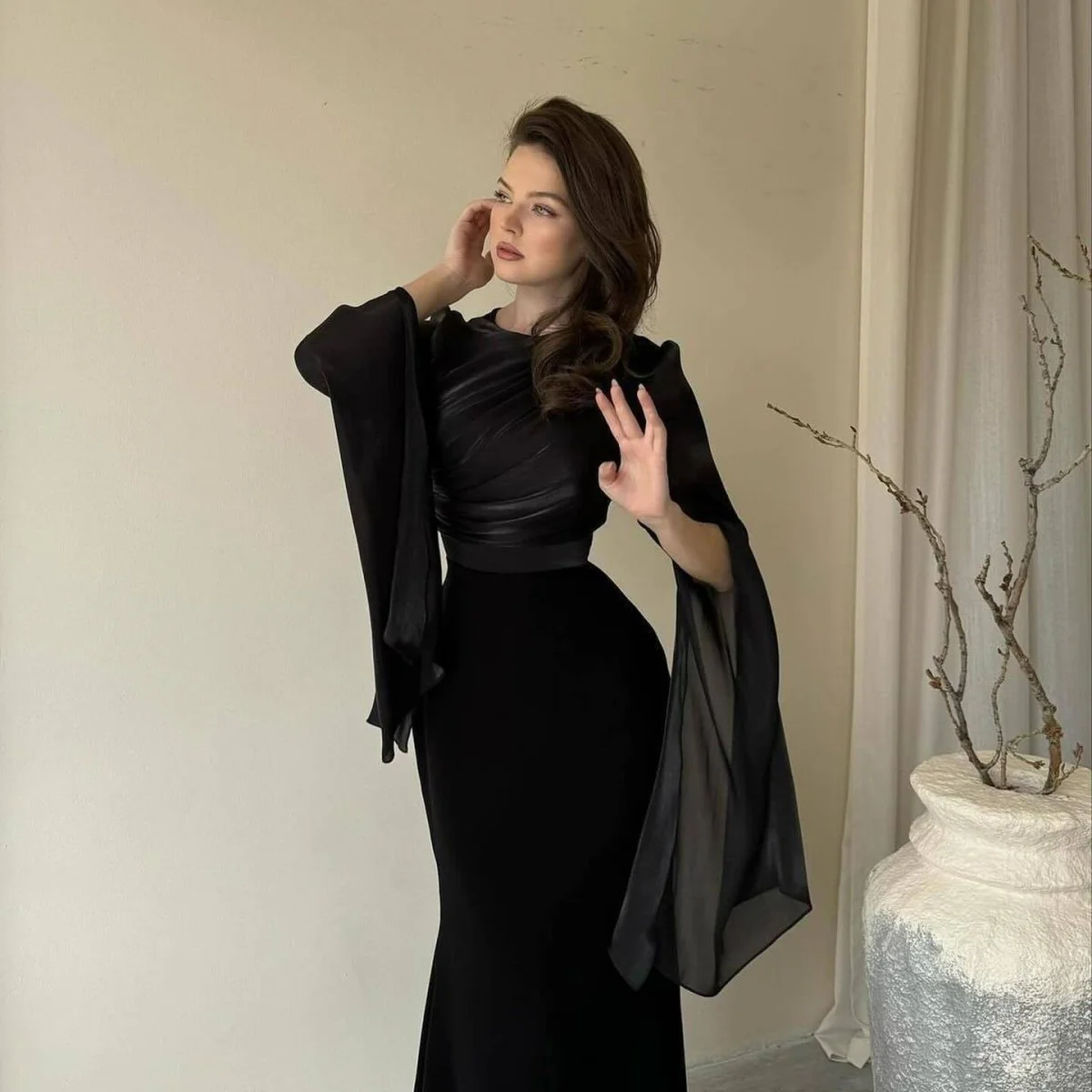Cape Sleeve Gown with Tie-Back | Fitted Mermaid Maxi Dress(MS230) - Image 17